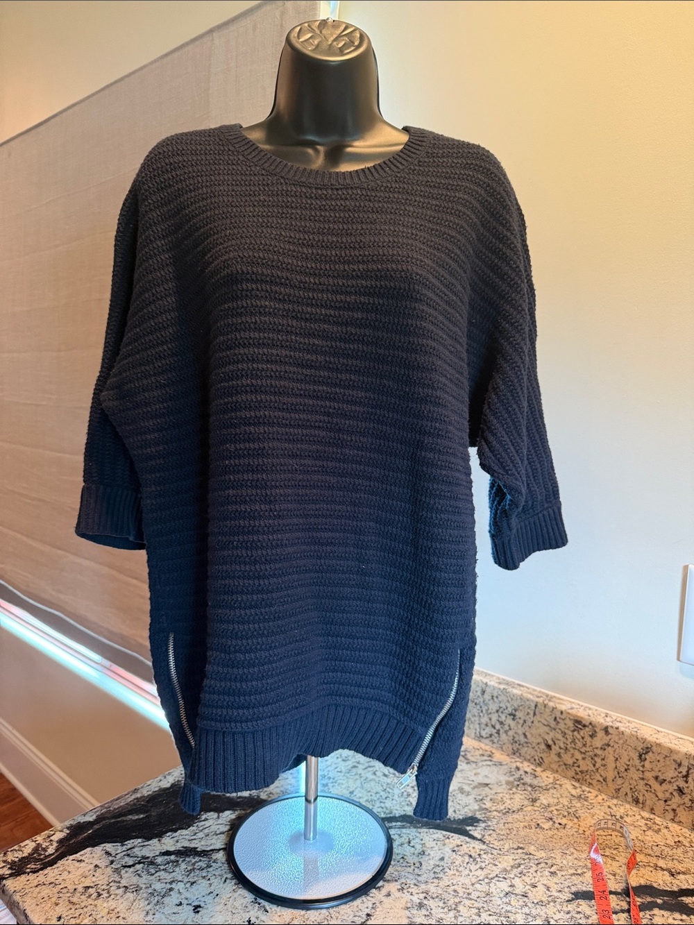 Banana Republic Navy Textured Ribbed Crew Sweater with Hem Zips